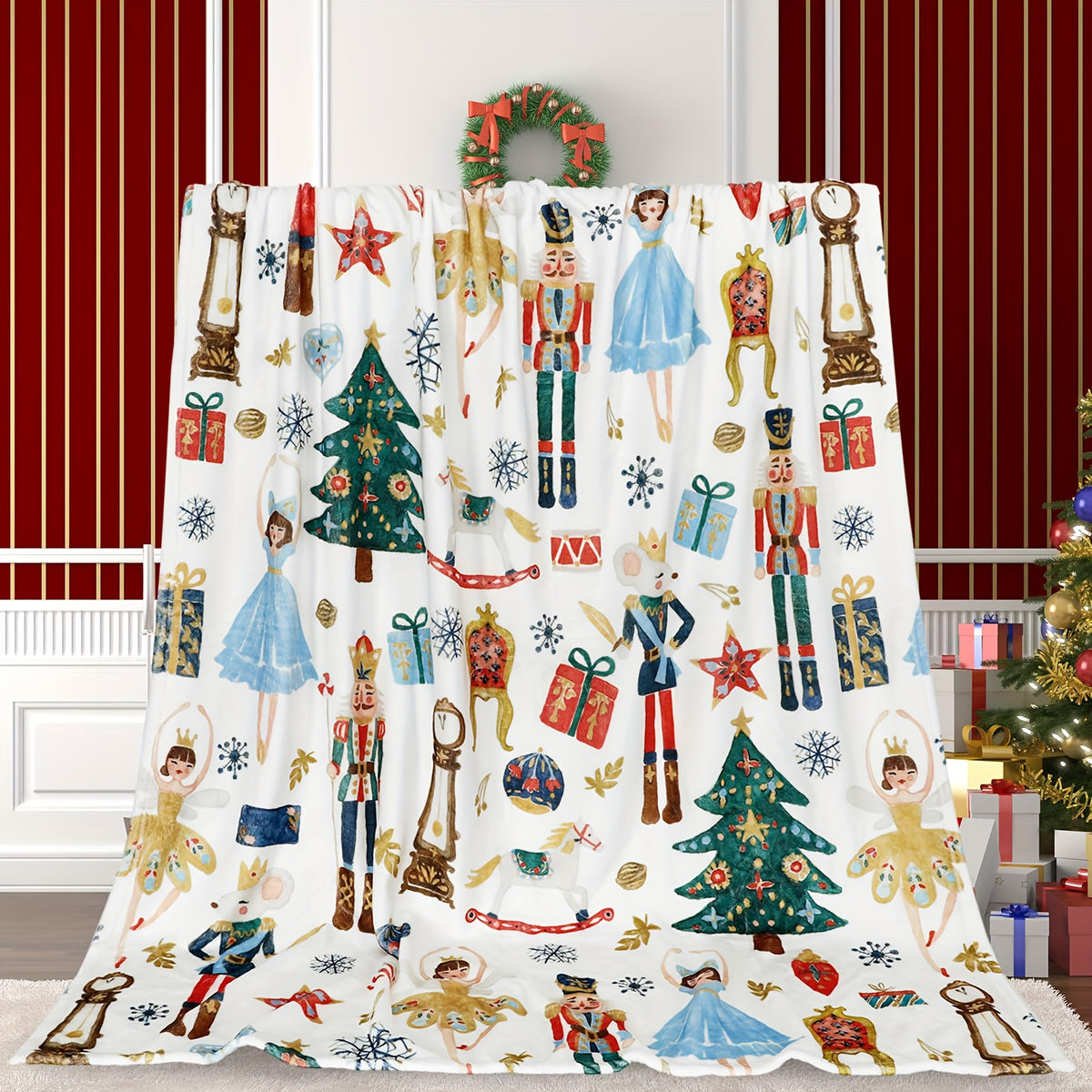 Activate 1pc Walnut Clip Creative Blanket, Christmas Watercolor Walnut Clip Blanket, Christmas Cartoon Soft Comfortable Fleece Blanket, Suitable for Home Parties Bed Sofa Long Sofa Multi-Use Blanket, Best Christmas Gift
