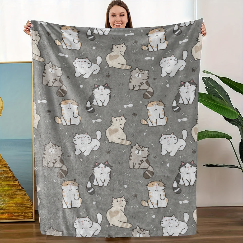 1pc of Adorable Cat-pattern Flannel Blanket, Soft, Comfortable, and Warm, in a Gray Design with a Durable Plush Surface. A Versatile All-season Bed Throw and Cozy Cover, Available in Multiple Sizes. Suitable for Living Room Sofas, Bedroom Beds