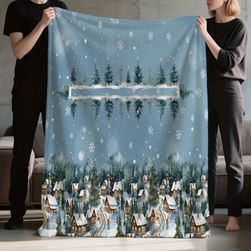 1pc Christmas Snowy Forest and Cabin Pattern Flannel Blanket, Soft, Comfortable, and Warm, Blue Design, Durable Plush Surface, All-Season Universal Sofa Blanket, Warm Throw Blanket, Multiple Sizes Available, Suitable for Living Room Sofas