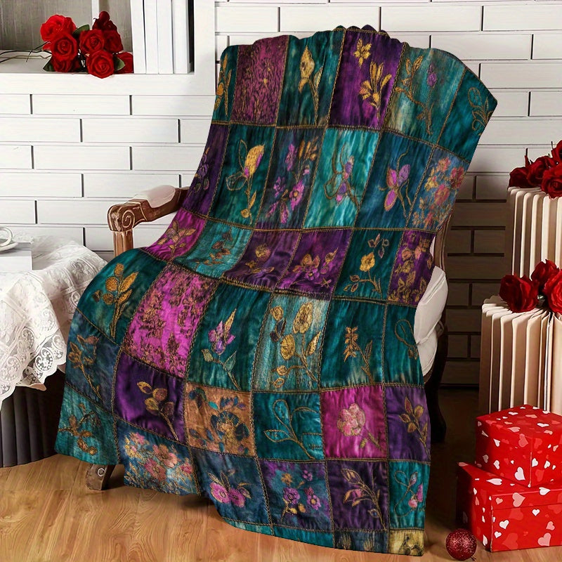1pc Retro Floral Patchwork Printed Blanket, Ethnic Style Throw, Ultra-Warm And Soft, Flannel Blanket, Multi-Size Available, Suitable for Living Room, Bedroom, Sofa, Bedside
