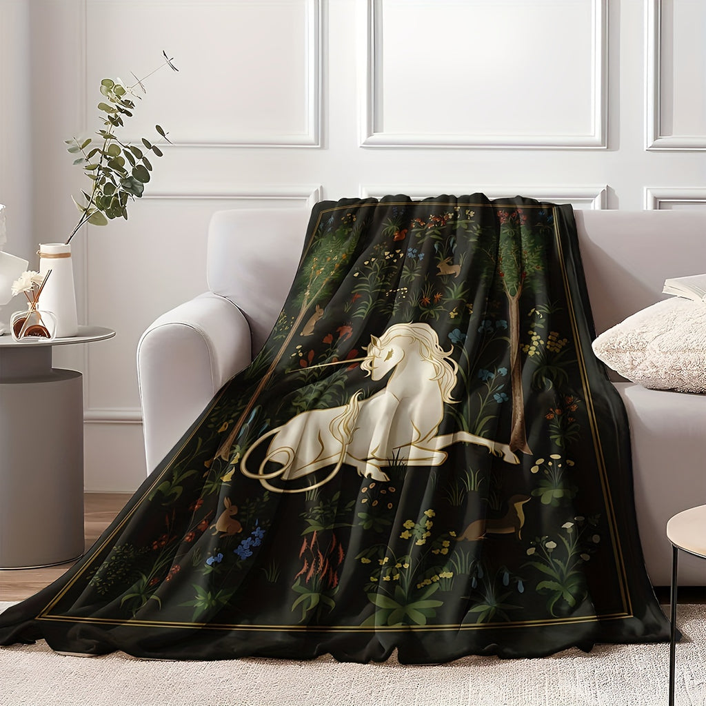 1pc 2D Flat Printing, Unicorn And Forest Theme Blanket, Soft Fleece Blanket - Black Retro Design, Multi-Size Available, Suitable for Living Room, Bedroom, Sofa, And Reading Nook