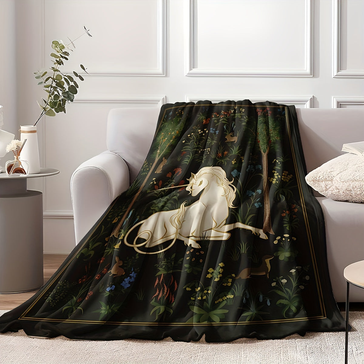 1pc 2D Flat Printing, Unicorn And Forest Theme Blanket, Soft Fleece Blanket - Black Retro Design, Multi-Size Available, Suitable for Living Room, Bedroom, Sofa, And Reading Nook