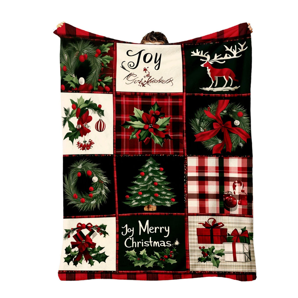 1pc Christmas Holiday Themed Red and Black Plaid with Festive Pattern Patchwork Flannel Large Blanket, Red Series Design, Oversized Throw Blanket, Winter Decoration, Durable Plush Surface, Suitable for All Seasons, Suitable for Living Room Sofa Cover