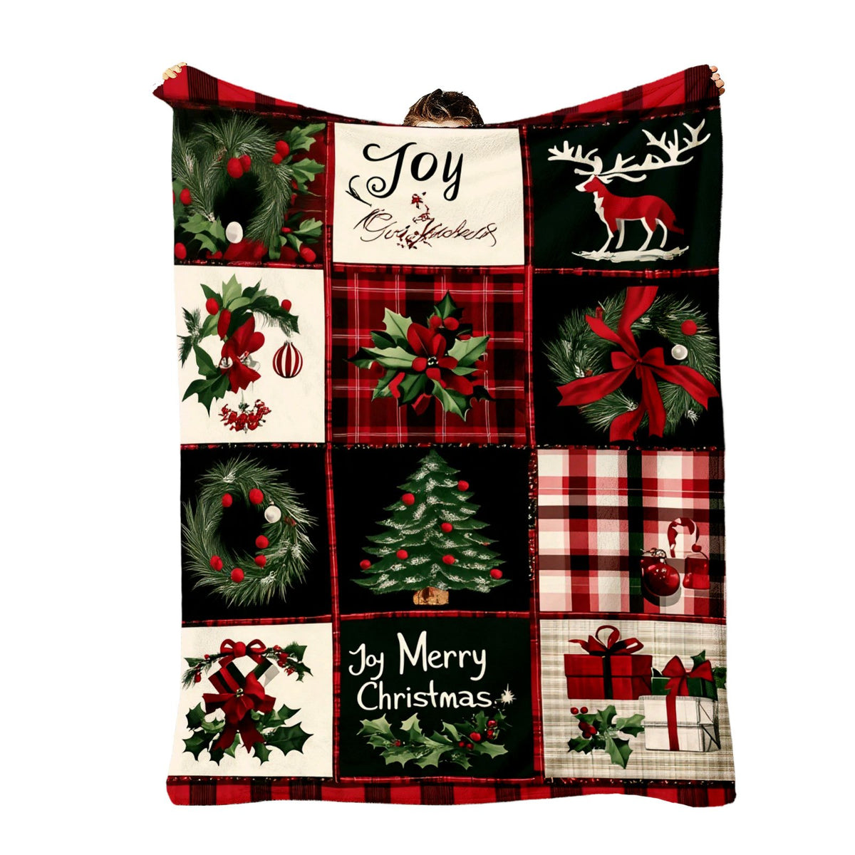 1pc Christmas Holiday Themed Red and Black Plaid with Festive Pattern Patchwork Flannel Large Blanket, Red Series Design, Oversized Throw Blanket, Winter Decoration, Durable Plush Surface, Suitable for All Seasons, Suitable for Living Room Sofa Cover