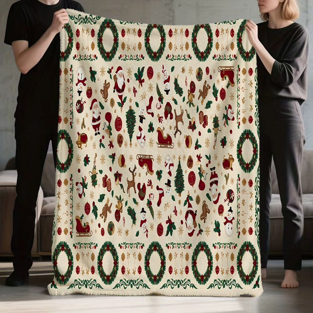 1pc, Christmas Theme Santa Claus And Snowman Pattern Flannel Blanket, Soft Comfortable Warm, Beige And Red Design, Durable Plush, All-Season Sofa Blanket, Warm Cover, Multiple Sizes Available, Suitable for Living Room Sofa, Bedroom