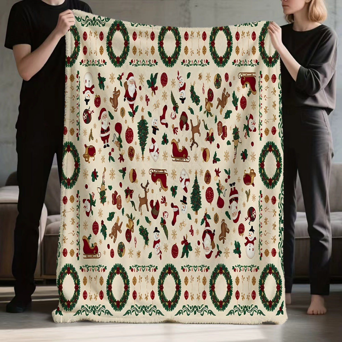 1pc, Christmas Theme Santa Claus And Snowman Pattern Flannel Blanket, Soft Comfortable Warm, Beige And Red Design, Durable Plush, All-Season Sofa Blanket, Warm Cover, Multiple Sizes Available, Suitable for Living Room Sofa, Bedroom