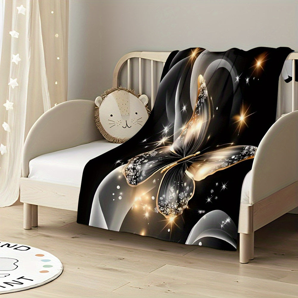 1pc 2D Flat Printing, Golden Butterfly And Starlight Blanket, Soft Fleece Blanket - Black And Golden Design, Multi-Size Available, Suitable for Living Room, Bedroom, Sofa, And Casual Use