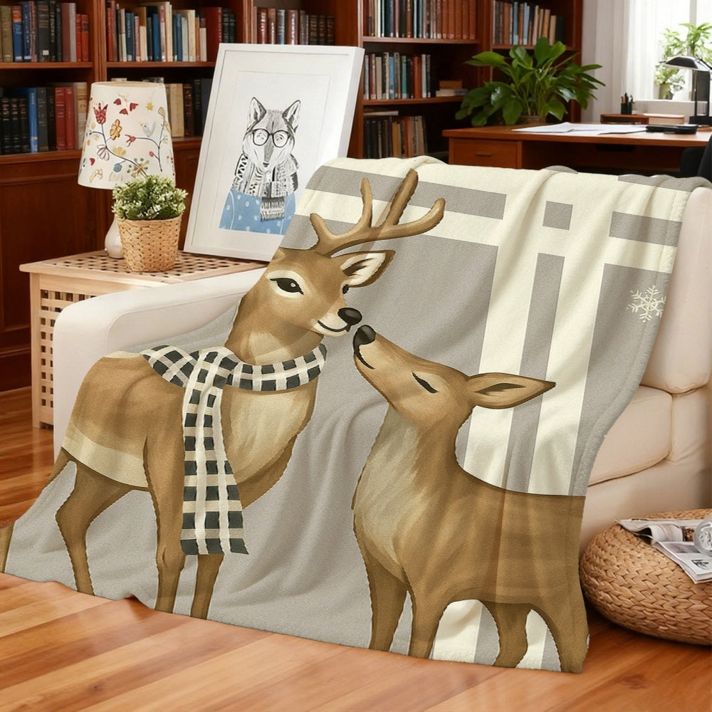 1pc of Christmas Reindeer Scarf-pattern Cream Beige Flannel Blanket, Featuring a Festive and Cozy Design. Soft Plush Surface, Suitable for All Seasons. Ideal for Reading Time, Weekend Naps on the Sofa, and Dorm Life