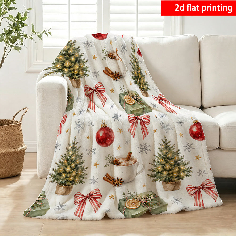 2D Flat Printing, 1pc, Easy Healing White Background Fresh Watercolor Christmas Tree Bow Flannel Blanket, Universal for All Seasons, Suitable for Office, Family, Outdoor Camping, Travel, Single-Sided Printing, Warm Home Decoration