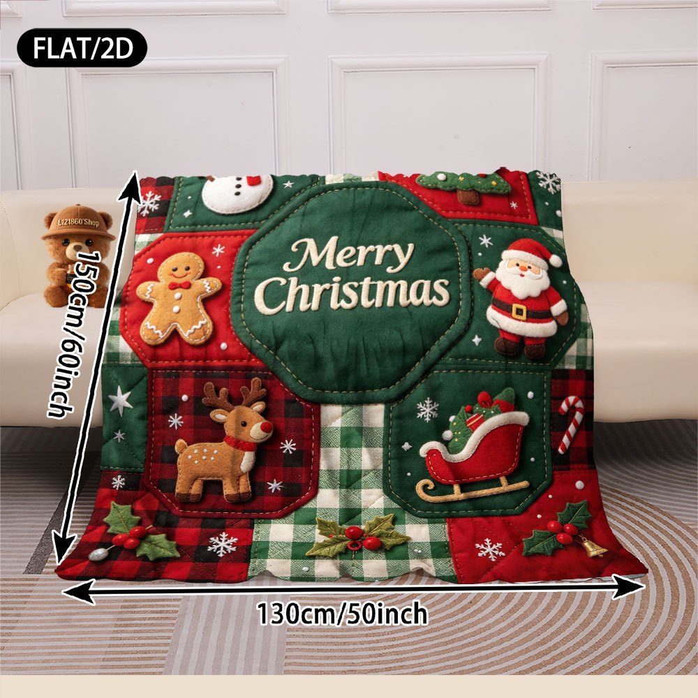 Flat/2D Digital Printing Flannel Blanket Blanket, American Country Style Octagonal Plaid Christmas Snowman Gingerbread for Man Santa Claus Elk Christmas Tree Bell Sleigh Pattern, Soft, Comfortable and Warm Skin-friendly
