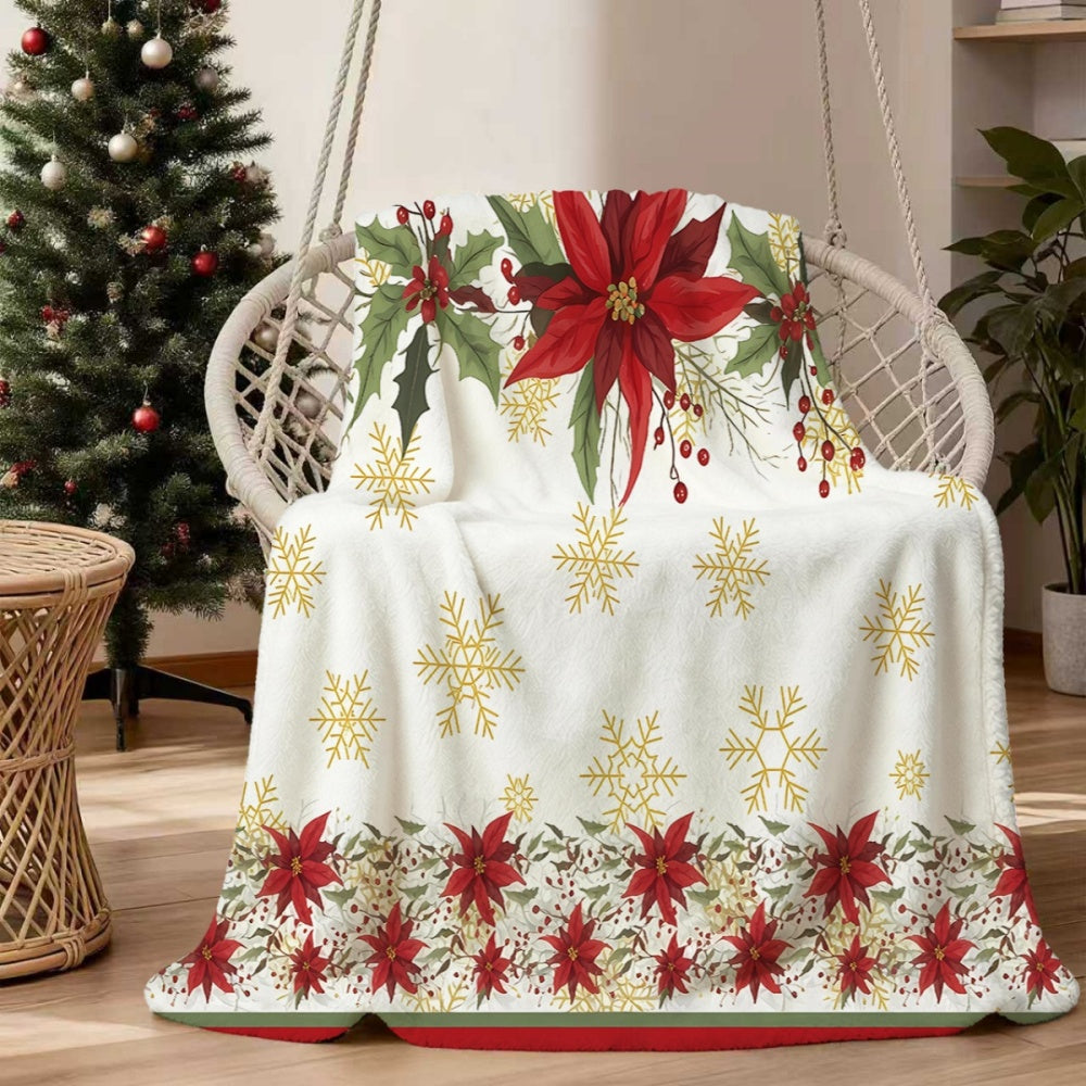 1pc, 1pc Christmas Floral And Snowflake Pattern Flannel Blanket, Soft Comfortable Warm, White Background with Golden Snowflakes And Red Flowers Design, Durable Plush, All-Season Sofa Blanket, Warm Cover, Multiple Sizes Available