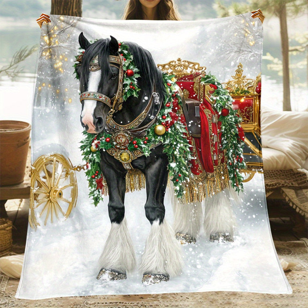 1pc Christmas Holiday Horse Print Blanket, Festive Atmosphere Throw Blanket, Super Warm Soft and Cozy Flannel Blanket, Multiple Sizes Available, Suitable for Living Room Sofa, Bedroom, Study Reading, Balcony Leisure