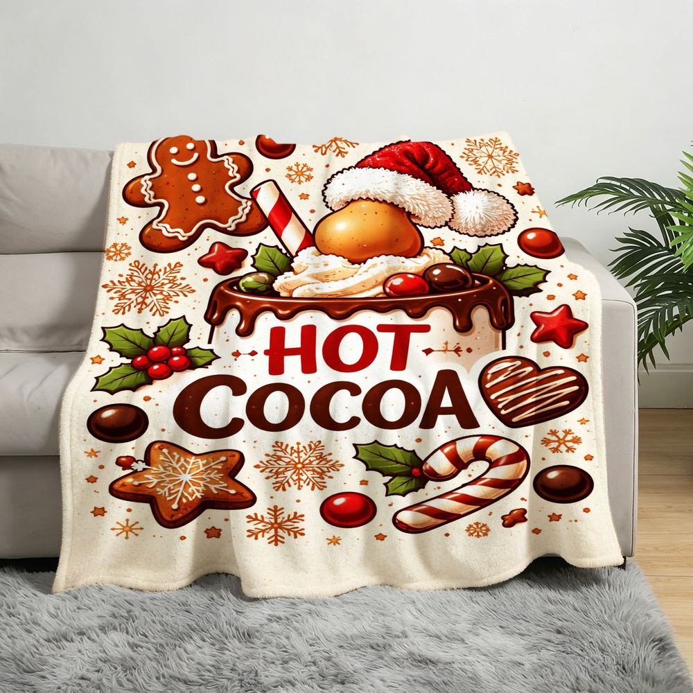 1pc Gingerbread for Man and Hot Cocoa Christmas Themed Beige Flannel Large Blanket, Winter Holiday Decorative Design, Large Plush Throw Blanket, Suitable for Home Naps, Weekend Sofa Lounging, and Seasonal Home Use