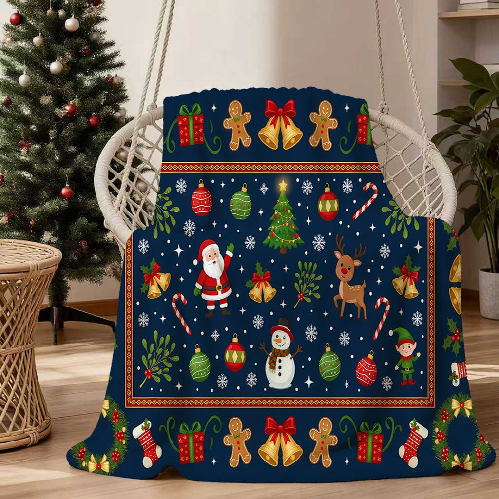 1pc, Santa Claus and Reindeer Pattern Dark Blue Flannel Blanket, Soft, Comfortable, and Warm, Festive Design, Durable Plush Surface, All-Season Universal Sofa Blanket, Warm Cover Blanket, Multiple Sizes Available, Suitable for Living Room Sofas