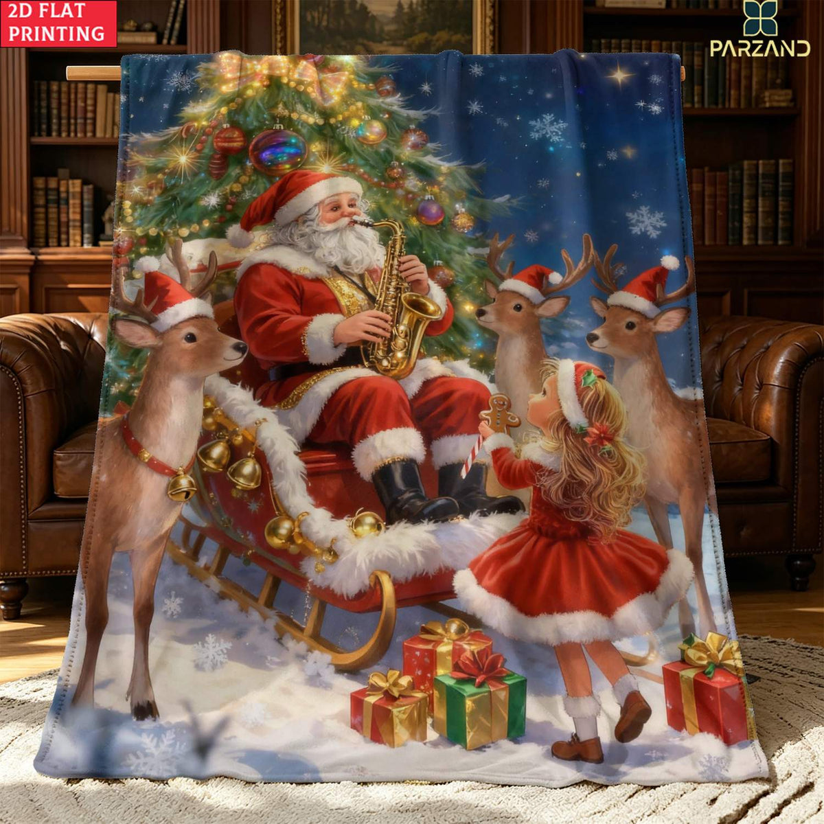 1pc Santa Claus Playing Saxophone And Reindeer Girl Pattern Black Red Main Color Flannel Large Blanket, Multi-Size Full-Body Blanket, Christmas Winter Decor, Durable Plush, All-Season Use, Suitable for Bed End Decoration, Dorm Life, Weekend Sofa Nap