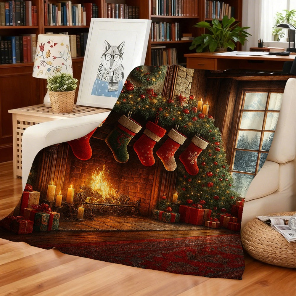 1pc Christmas Fireplace And Stocking Pattern Golden-Toned Flannel Blanket, Festive Warm Design, Soft Plush All-Season Use, Suitable for Living Room Sofa Cover, Reading Time And Weekend Naps