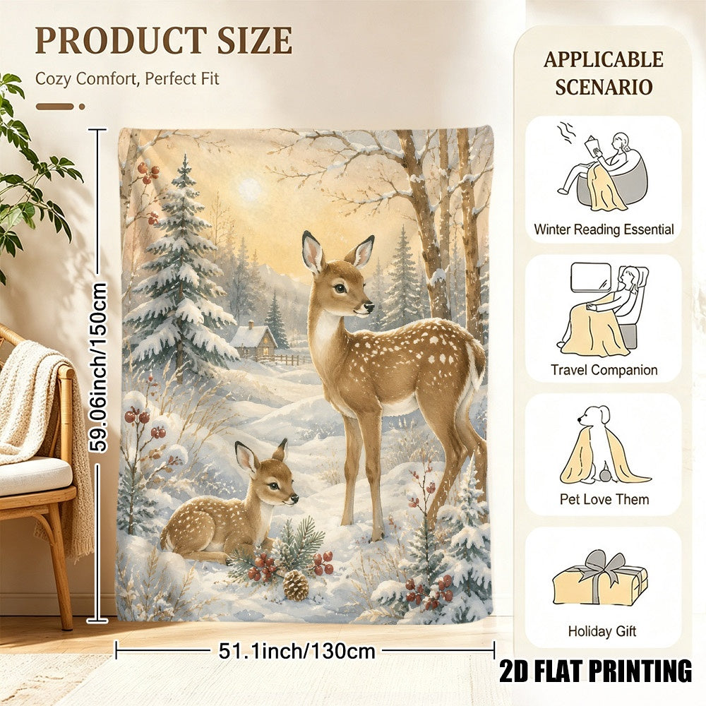 2D Flat Print, 1pc Soft Flannel Blanket for Christmas and Winter Deer Scenes - Warm and Comfortable - Suitable for All Seasons, Sofas and Seating Areas, 2D Flat