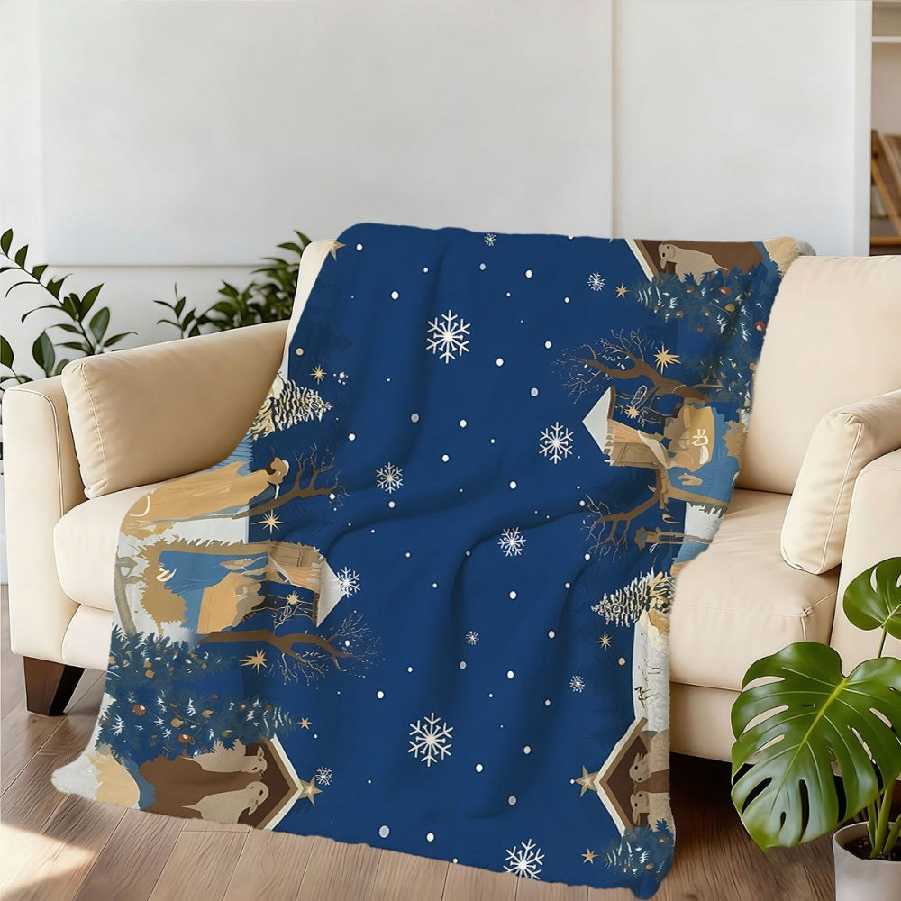 1pc Christmas Snow Scene with Antler Pattern Flannel Blanket, Soft, Comfortable, and Warm, Dark Blue Design, All-Season Universal Sofa Blanket, Warm Throw Blanket, Multiple Sizes Available, Suitable for Living Room Sofas, Bedroom, Reading Nooks