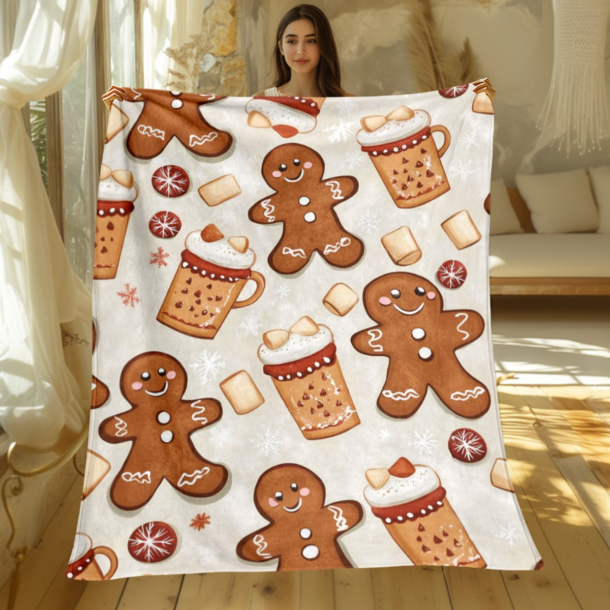 1pc of Large Beige Flannel Blanket with a Gingerbread for Man and Christmas Hot Drink Theme, Featuring Festive Decorative Design, a Large Plush Throw Blanket, Suitable for Dorm Life, Weekend Naps on the Sofa, and Home Afternoon Naps