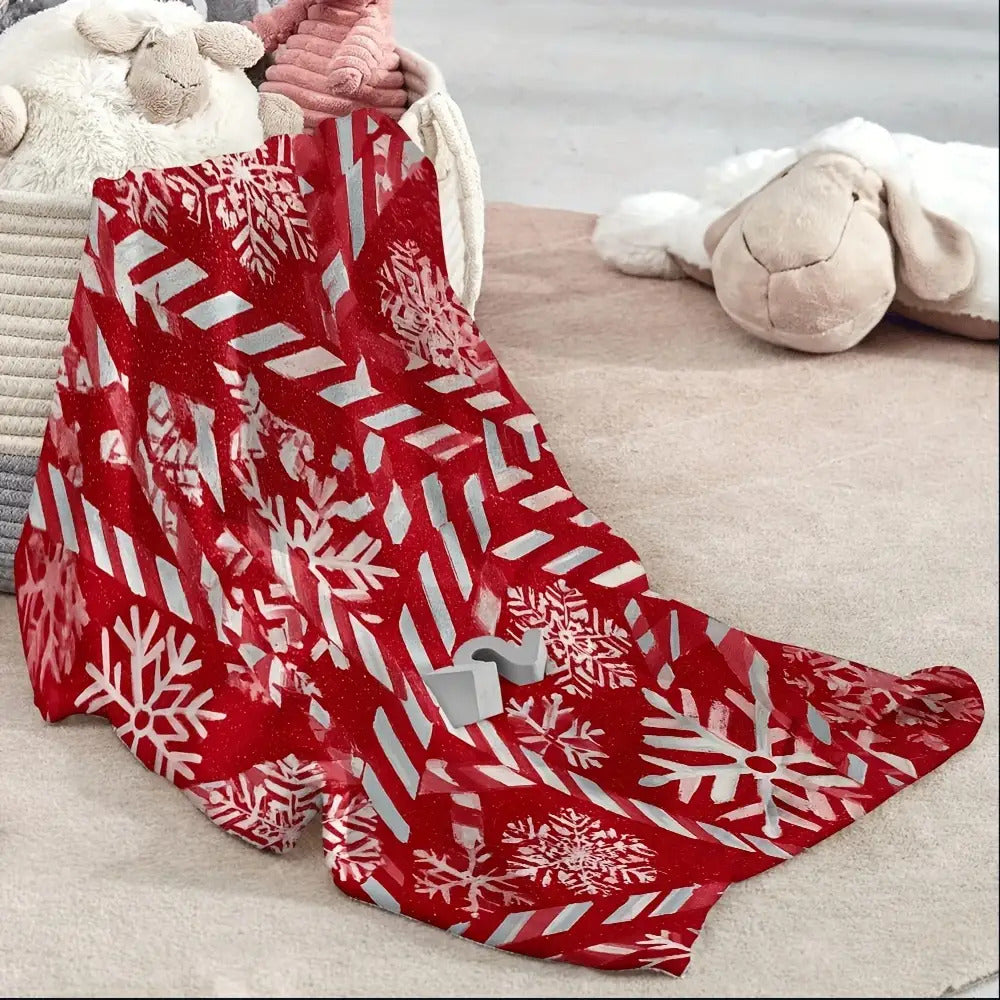 1 Red Snowflake Stripe Flannel Blanket with Festive Design, Soft Plush Surface, Lightweight and Durable Flannel Material, Available in Multiple Sizes, Perfect for Christmas, Living Room Lounging, Bedroom Warmth, and Holiday Decoration
