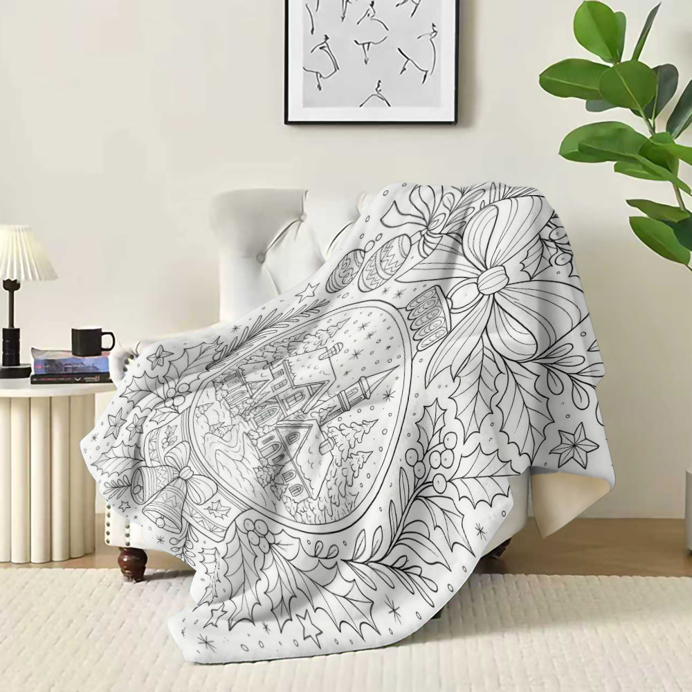 Colored And Decompressed Hand-Painted Wind Blanket - Christmas Crystal Ball Snow Flannel Blanket, Center Crystal Ball Is a Winter Village Hut, with Bows, Bells, Holly Leaves, And Christmas Balls