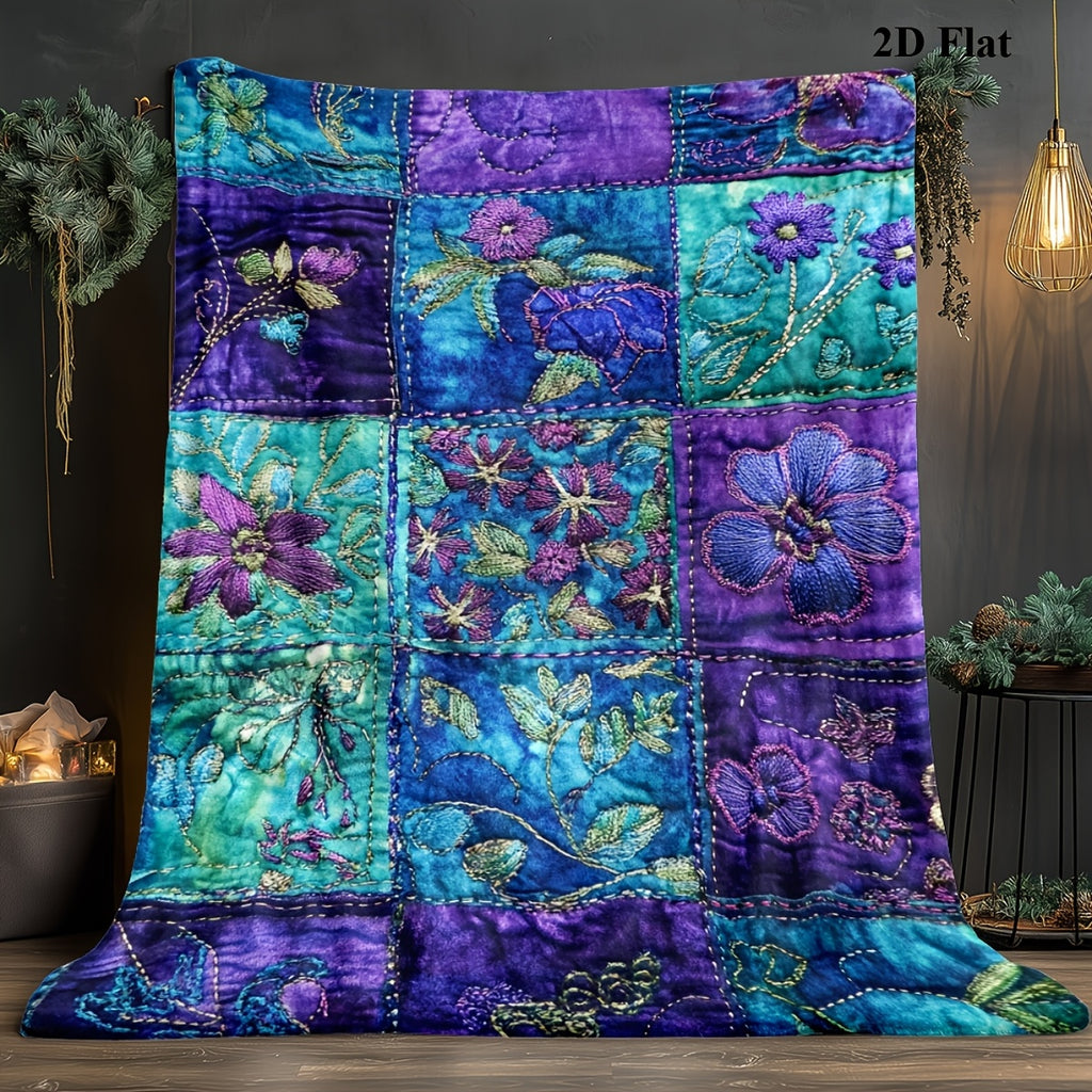1pc Purple Floral Embroidered Print Blanket, Vintage Art Throw Blanket, Super Warm Soft and Cozy Flannel Blanket, Multiple Sizes Available, Suitable for Living Room Sofa, Bedroom, Leisure Reading, Holiday Decoration