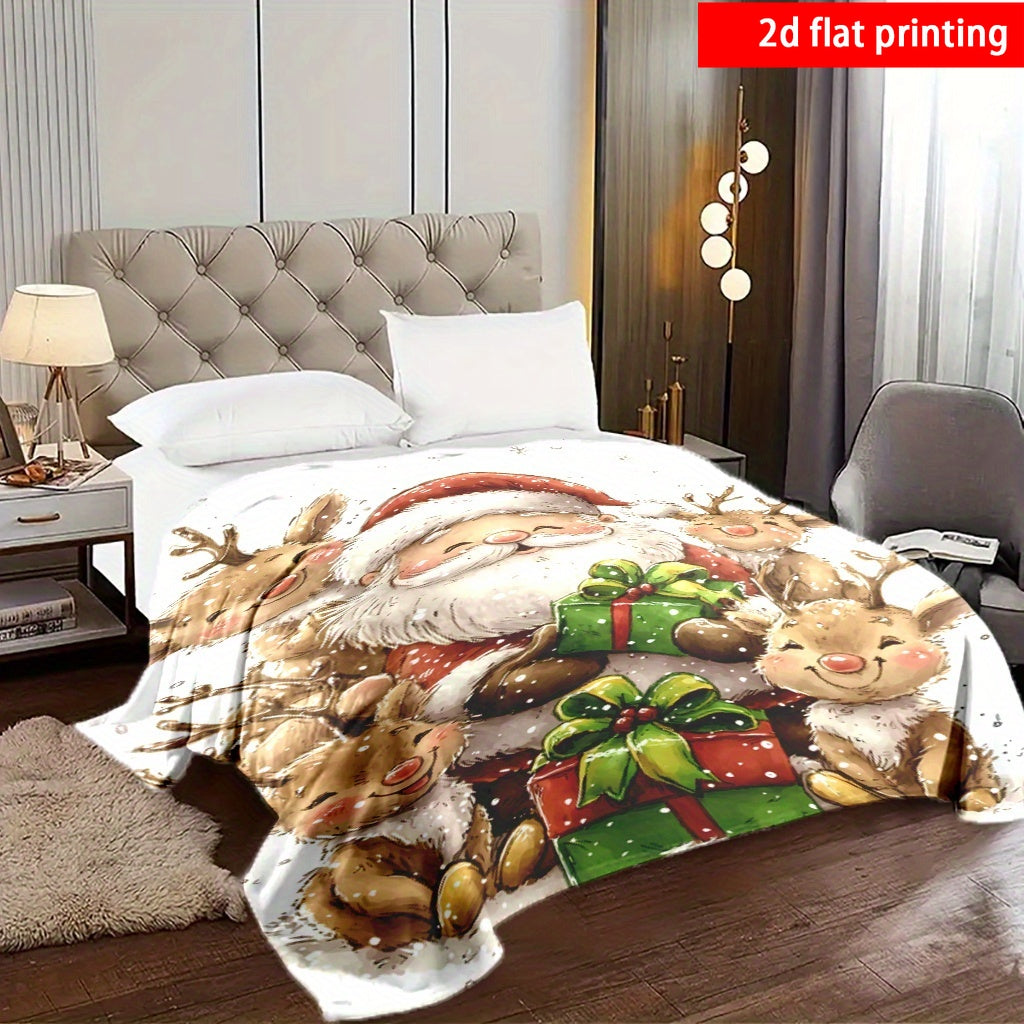 1pc Santa Claus And Reindeer Pattern Red Design Flannel Oversized Blanket, Multi-Size Full-Body Blanket, Christmas Winter Decor, Durable Plush, All-Season Use, Suitable for Living Room Sofa Cover, Weekend Nap, Reading Time