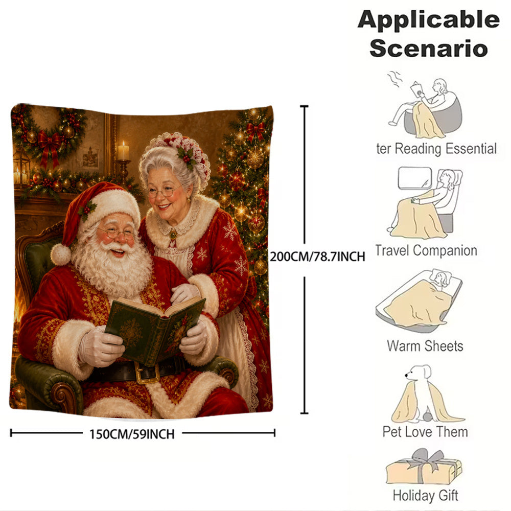 1pc Christmas Fleece Blanket, Comfortable Santa And Mrs. Claus Design, Soft And Cozy Sofa Nap Blanket, Perfect for Home Decor, Camping, Gifts, Pet Blanket 59X78.7 Inches