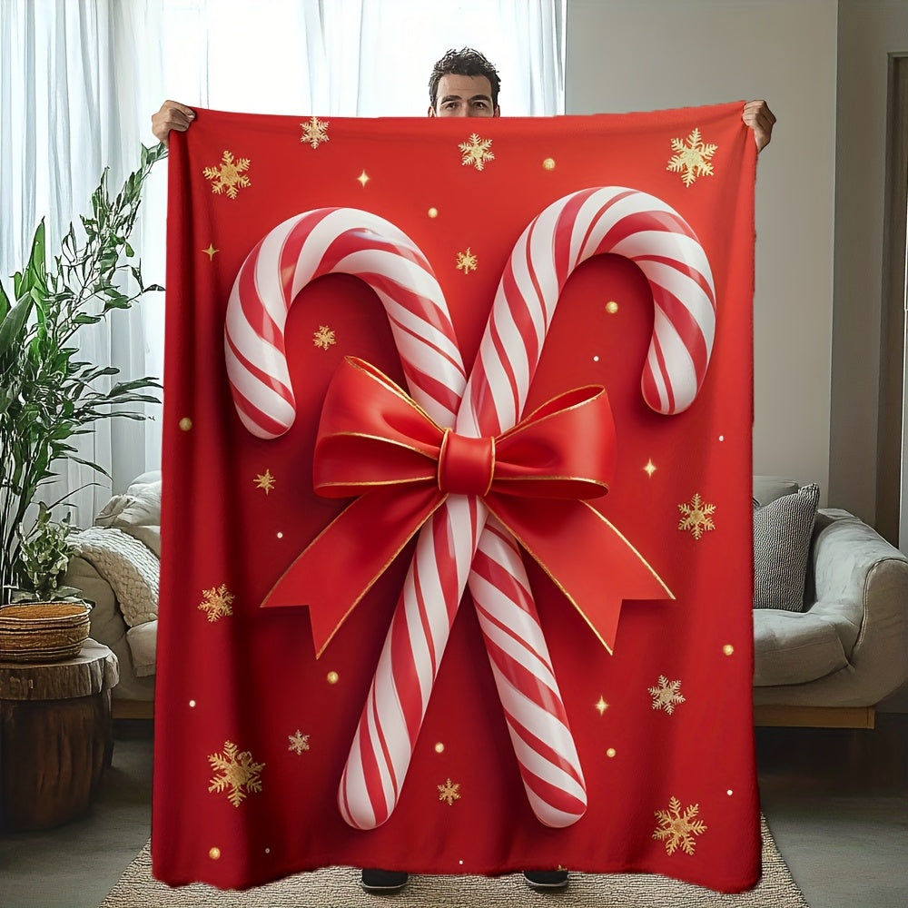 1pc Red Candy Cane Pattern Blanket, Christmas Holiday Decorative Design, Soft Plush Surface, Lightweight and Durable Flannel Material, Multiple Sizes Available, Perfect for Christmas, Living Room Decor, Bedroom Warmth, and Christmas Holiday