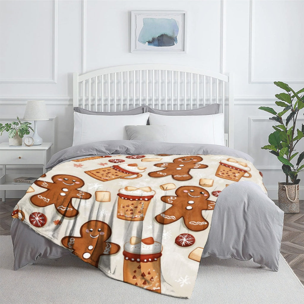 1pc of Large Beige Flannel Blanket with a Gingerbread for Man and Christmas Hot Drink Theme, Featuring Festive Decorative Design, a Large Plush Throw Blanket, Suitable for Dorm Life, Weekend Naps on the Sofa, and Home Afternoon Naps