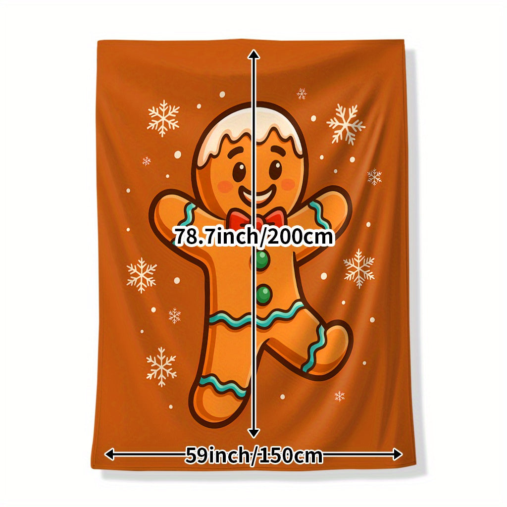 1pc Christmas Gingerbread Man Pattern Orange Snowflake Design Flannel Blanket, Soft Comfortable Warm, Durable Plush All-Season Bed Blanket, Warm Cover for Living Room Sofa, Bedroom Bed, Holiday Decor, Casual Reading, And Winter Heating