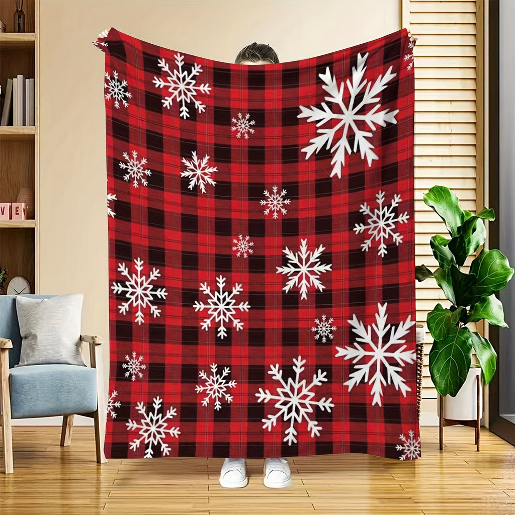 1pc Red and Black Plaid Snowflake Pattern Blanket, Snowflake Print Design, Full-body Throw Blanket, Soft Flannel Plush Surface, Lightweight and Durable, Multiple Sizes Available, Suitable for Christmas Decoration, Living Room Leisure, Bedroom Warmth