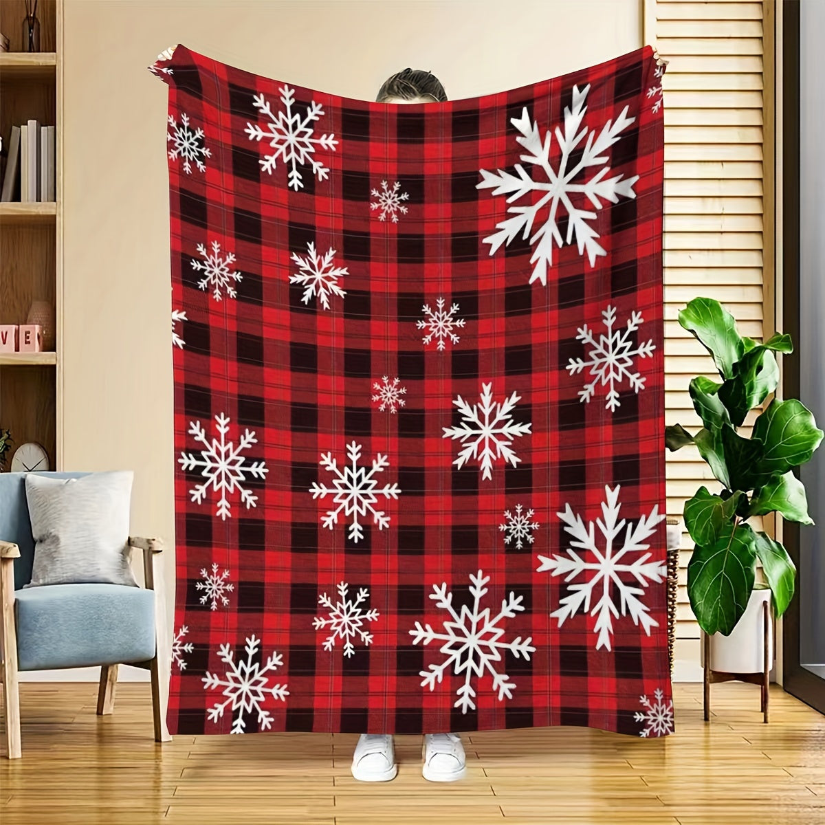 1pc Red and Black Plaid Snowflake Pattern Blanket, Snowflake Print Design, Full-body Throw Blanket, Soft Flannel Plush Surface, Lightweight and Durable, Multiple Sizes Available, Suitable for Christmas Decoration, Living Room Leisure, Bedroom Warmth