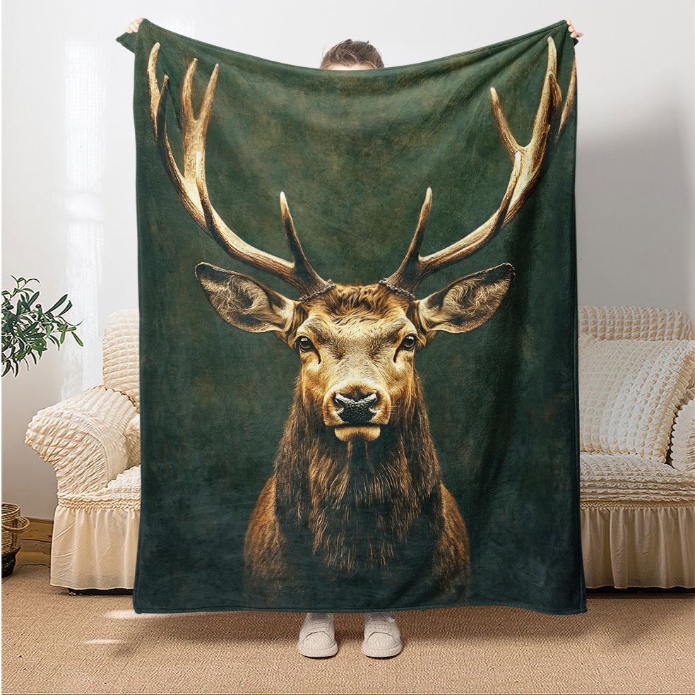 1pc, Elk Head Pattern Flannel Blanket, Soft, Comfortable, and Warm, Dark Green Vintage Design, Durable Plush Surface, All-Season Bed Blanket, Warm Throw Blanket, Multiple Sizes Available, Suitable for Bedroom, Living Room, Sofa, Reading Area
