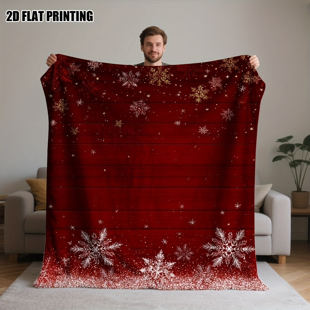 1pc 2D Flat Printing, Red Snowflakes And Golden Stars Blanket - Soft And Comfortable, Christmas Festive Style, Multi-Size Available, Suitable for Living Room, Bedroom, Sofa, And Casual Reading