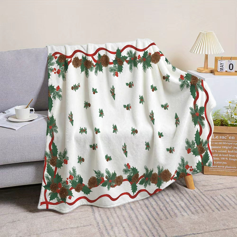 1 Christmas Pinecone and Holly Leaf Pattern Flannel Blanket, Soft, Comfortable, and Warm, with a White Base and Red-green Decorative Design. A Four-season Universal Sofa Blanket and Warm Throw Blanket, Available in Multiple Sizes. Suitable for Living