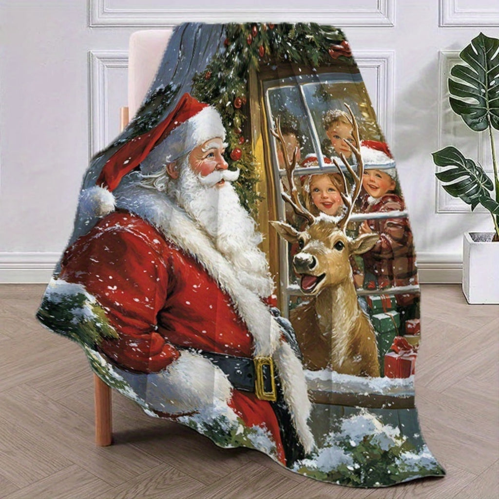 1pc 2D Flat Printing, Santa Claus And Reindeer Pattern Blanket, Soft Fleece Blanket, Red Festive Design, All Seasons, Warm Throw Blanket, Multiple Sizes Available, Suitable for Living Room, Bedroom, Sofa, And Reading Area
