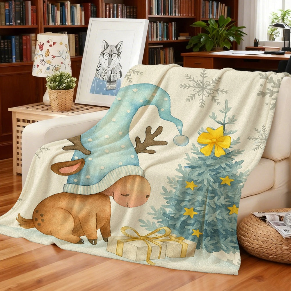 1pc Christmas Reindeer And Pine Tree Pattern Cream Beige Flannel Blanket, Festive Cozy Design, Soft Plush All-Season Use, Ideal for Reading Time, Weekend Sofa Naps, And Office Siestas