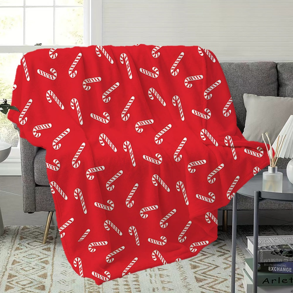 1pc Christmas Candy Cane Pattern Red Flannel Blanket, Soft Comfortable Warm, Festive Design, All-Season Sofa Blanket, Warm Cover, Multiple Sizes Available, Suitable for Living Room Sofa, Bedroom, Casual Reading, Winter Heating, And Holiday Decor