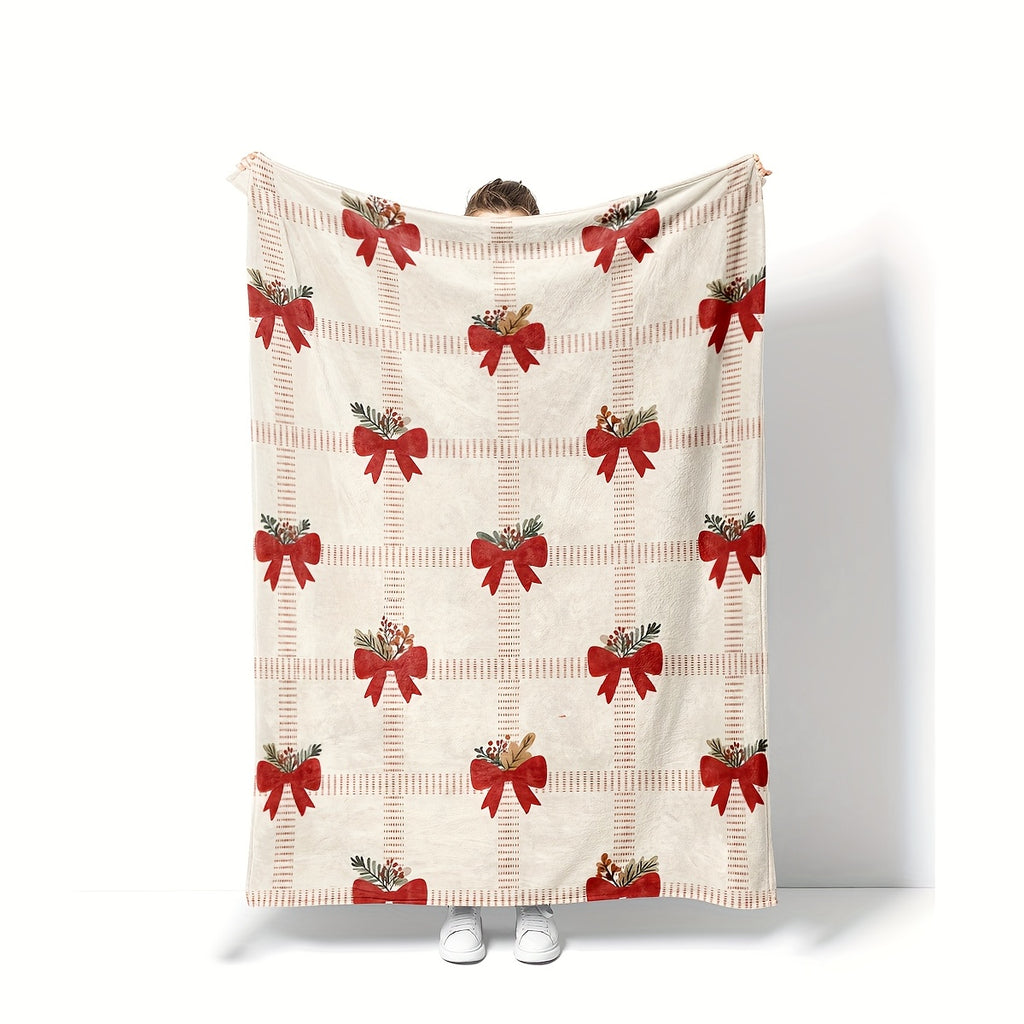 A Christmas-themed Flannel Blanket, Decorated with Bows, Soft Plush and Comfortable Flannel Blanket, Suitable for Sofas, Casual, Ideal Gift for Adults and Wives