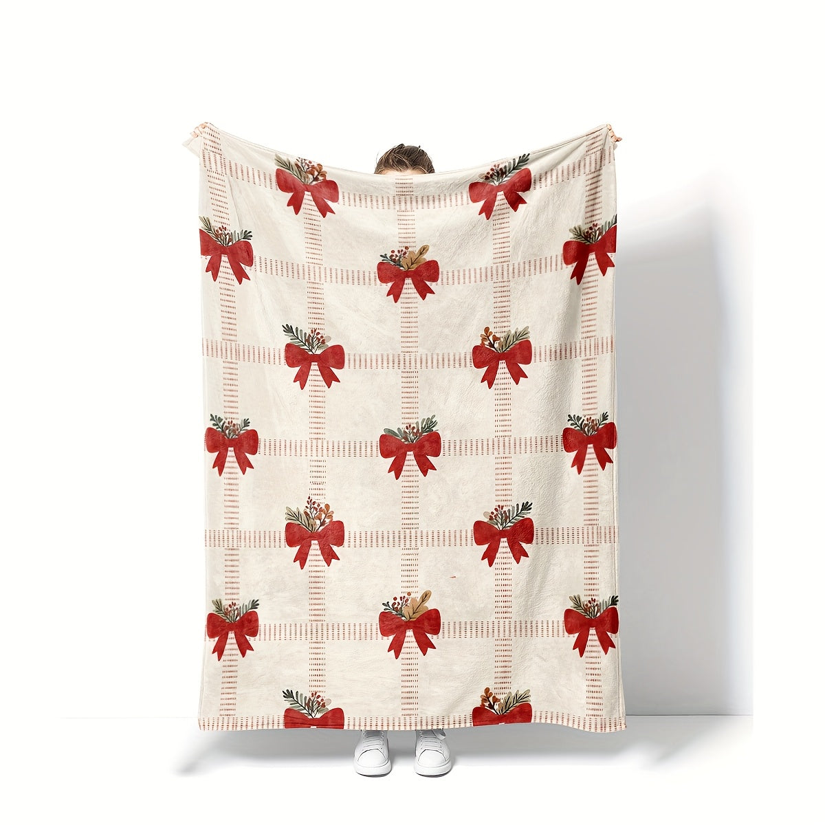 A Christmas-themed Flannel Blanket, Decorated with Bows, Soft Plush and Comfortable Flannel Blanket, Suitable for Sofas, Casual, Ideal Gift for Adults and Wives