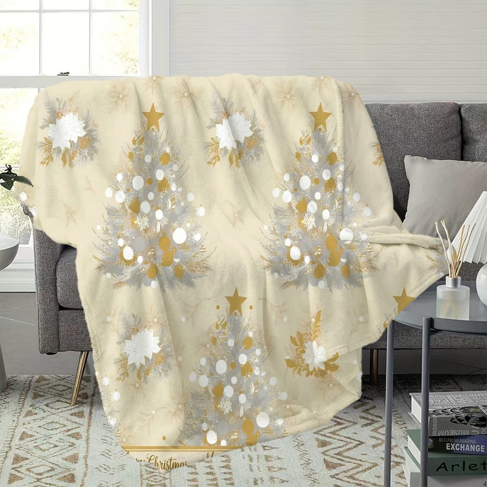 1pc Flannel Blanket with Christmas Tree and Floral Pattern, Embellished with Golden Stars, Soft, Comfortable, and Warm. Beige and Golden Design, All-season Universal Throw, Warm Lap Blanket. Available in Multiple Sizes. Suitable for Living Room
