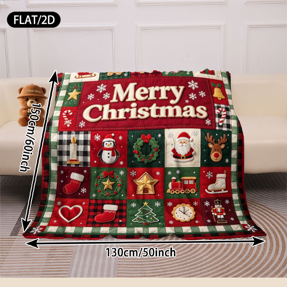Vintage Country Patchwork Christmas-themed Flannel Blanket, Christmas Tree Snowman Gingerbread for Man Reindeer Gift Pattern, Printed with the Words Merry Christmas, Warm, Soft and Comfortable, Suitable for Bedroom, Living Room