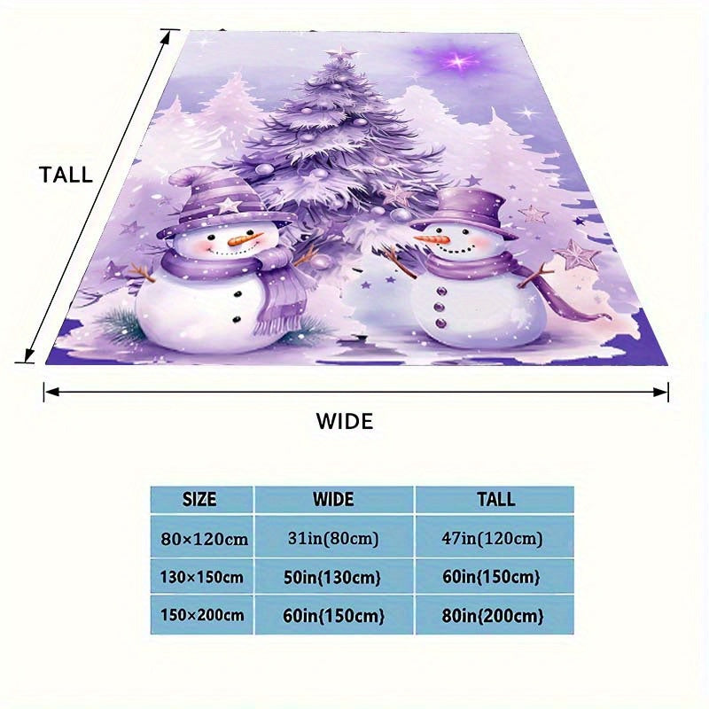 Purple Christmas Tree and Snowman Blanket - Soft, Warm Polyester for Sofa, Bed, Travel, and Camping