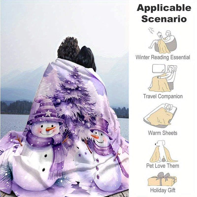 Purple Christmas Tree and Snowman Blanket - Soft, Warm Polyester for Sofa, Bed, Travel, and Camping