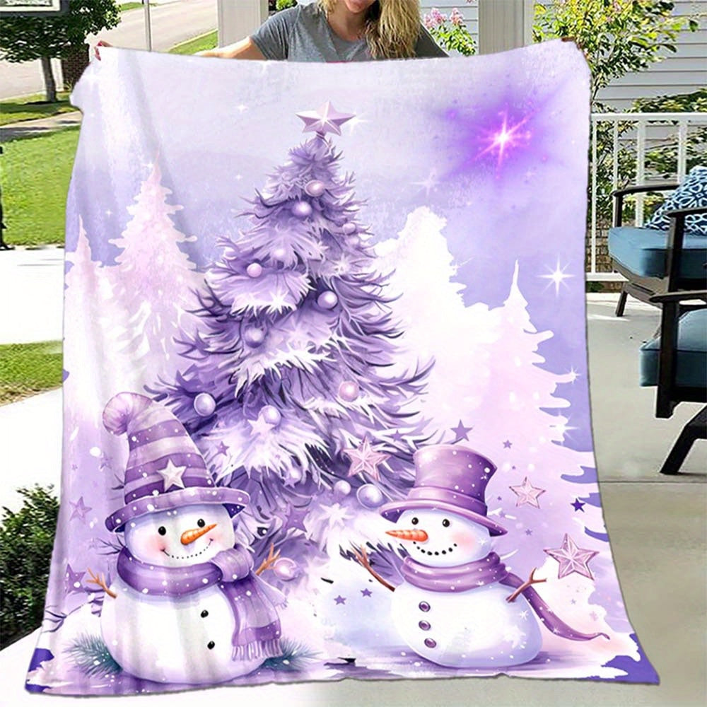 Purple Christmas Tree and Snowman Blanket - Soft, Warm Polyester for Sofa, Bed, Travel, and Camping