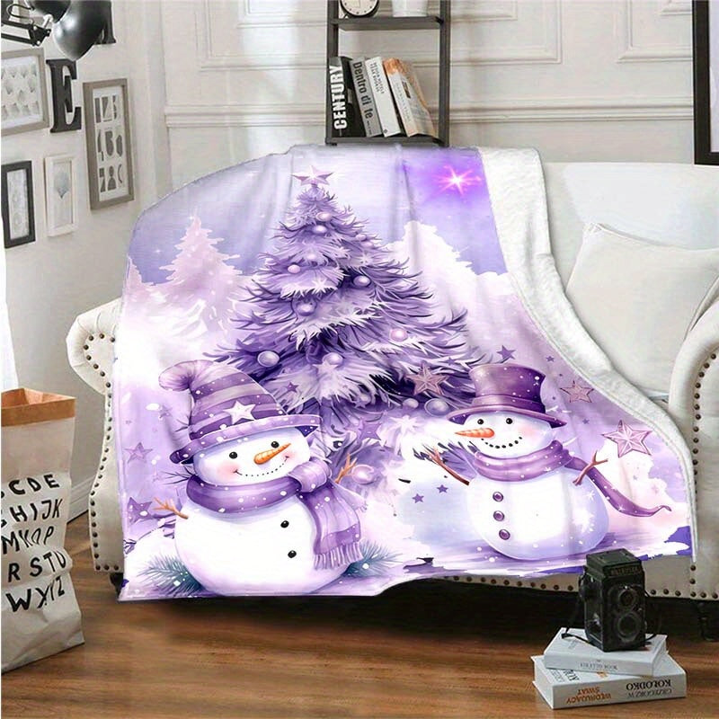 Purple Christmas Tree and Snowman Blanket - Soft, Warm Polyester for Sofa, Bed, Travel, and Camping