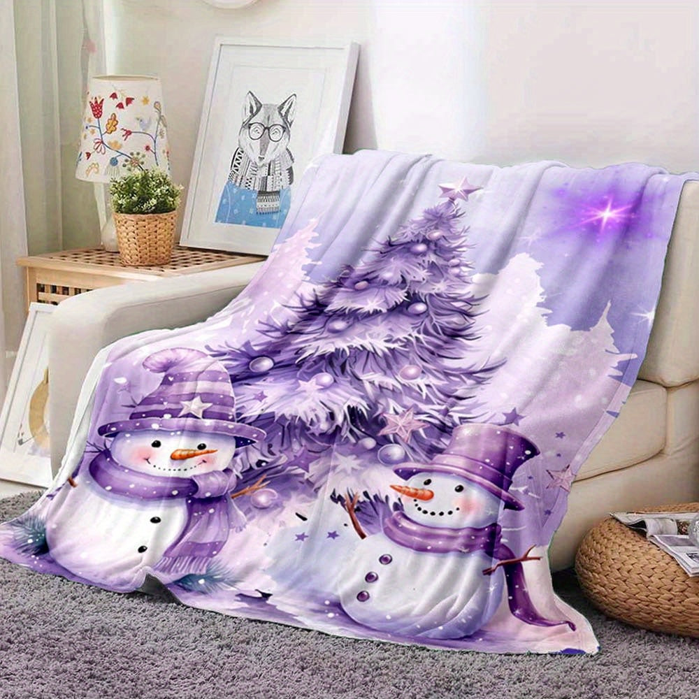 Purple Christmas Tree and Snowman Blanket - Soft, Warm Polyester for Sofa, Bed, Travel, and Camping