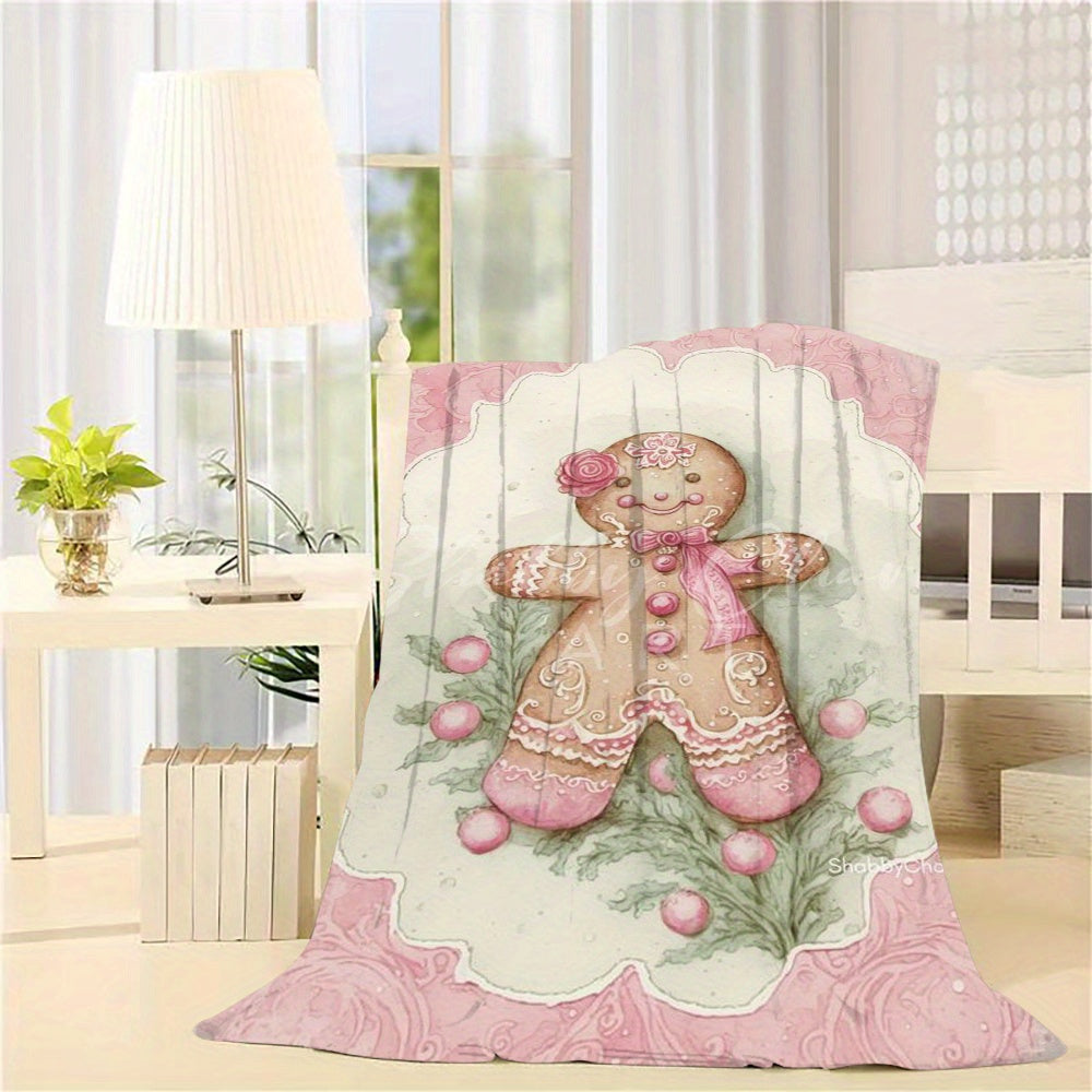 Christmas Pink Gingerbread for Man Cookie Winter Flannel Blanket, Digitally Printed Sofa Throw, Air Conditioning Blanket, Nap Blanket, Double-Sided Plush Gift Blanket