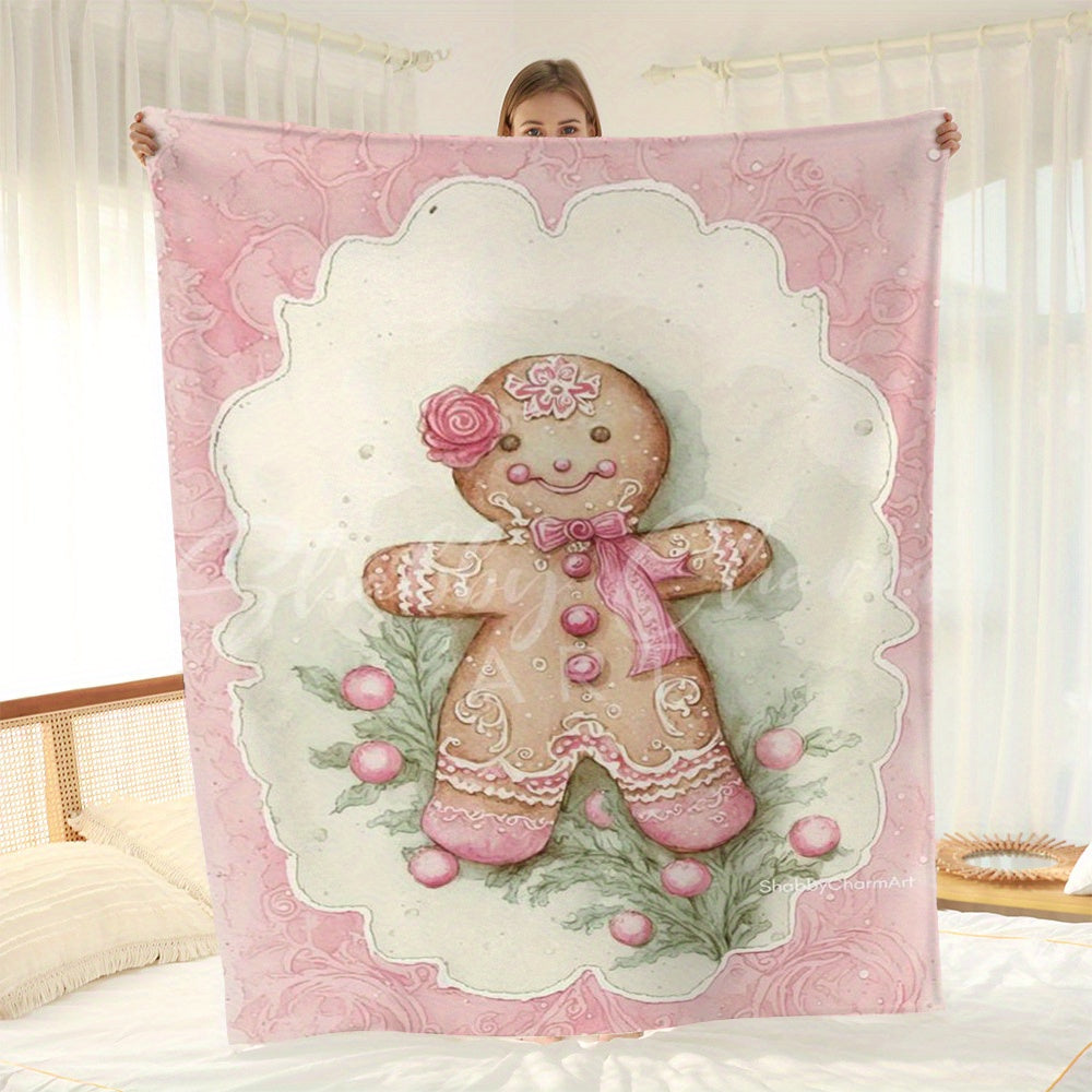 Christmas Pink Gingerbread for Man Cookie Winter Flannel Blanket, Digitally Printed Sofa Throw, Air Conditioning Blanket, Nap Blanket, Double-Sided Plush Gift Blanket